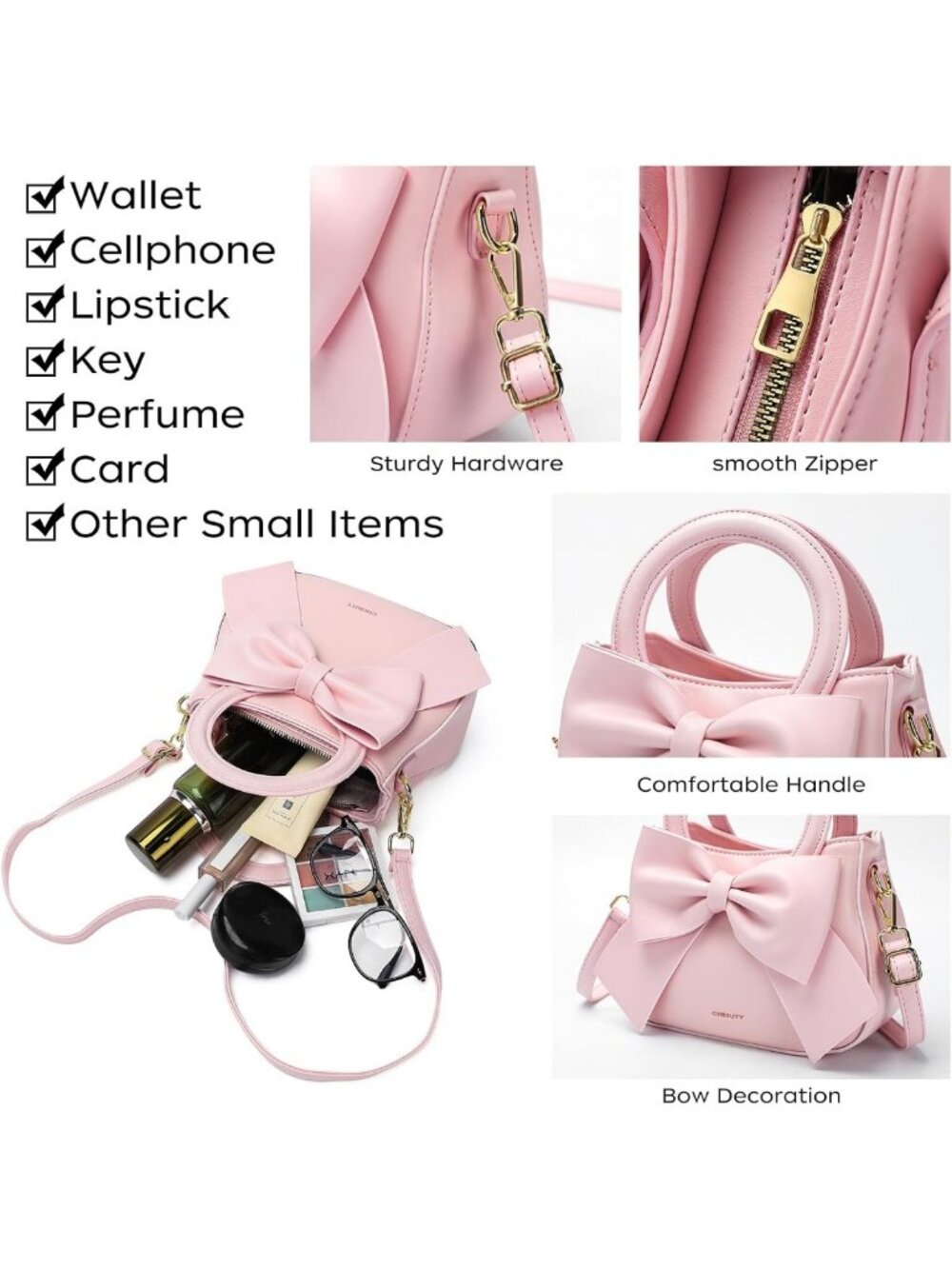 Chic Vegan Leather Crossbody Bag for Women, Small Purse with Bow Knot & Handle - Picture 4 of 7